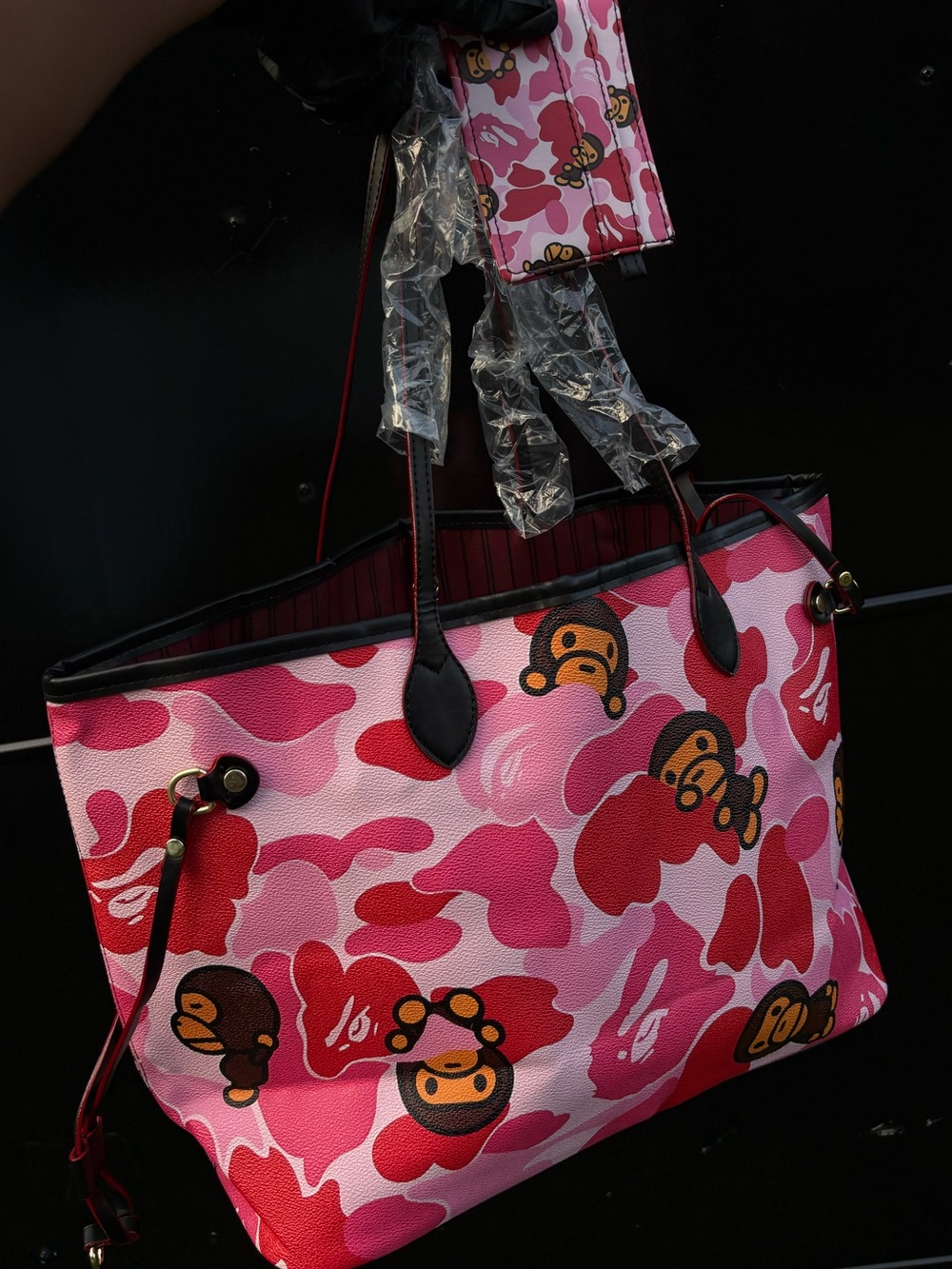 Bape Pink Camo Ape Head Tote with Matching Wallet